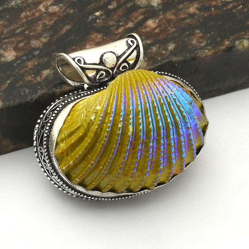 Rainbow Titanium Shell Gemstone Antique Design Pendant Jewelry 1.4