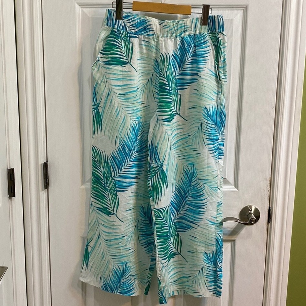 Tahari Pants Women M Green Blue Floral Linen Pull On Wide Leg Crop Tropical