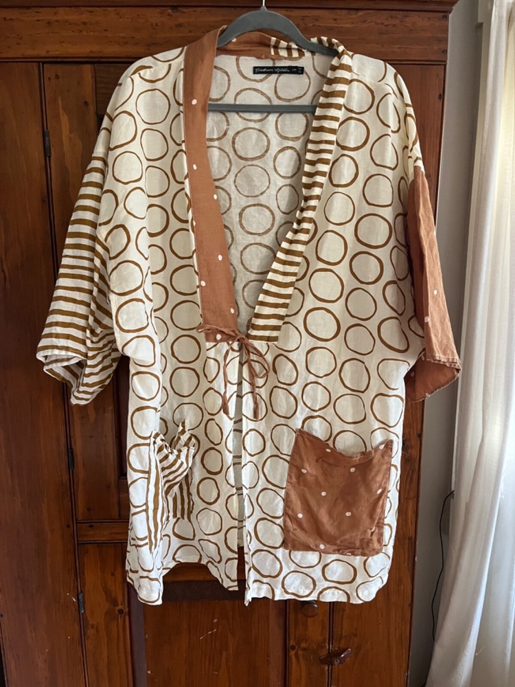 GUDRUN SJODEN Lagenlook Cotton Linen Circles Stripes Wrap Kimono Tunic Top L/XL