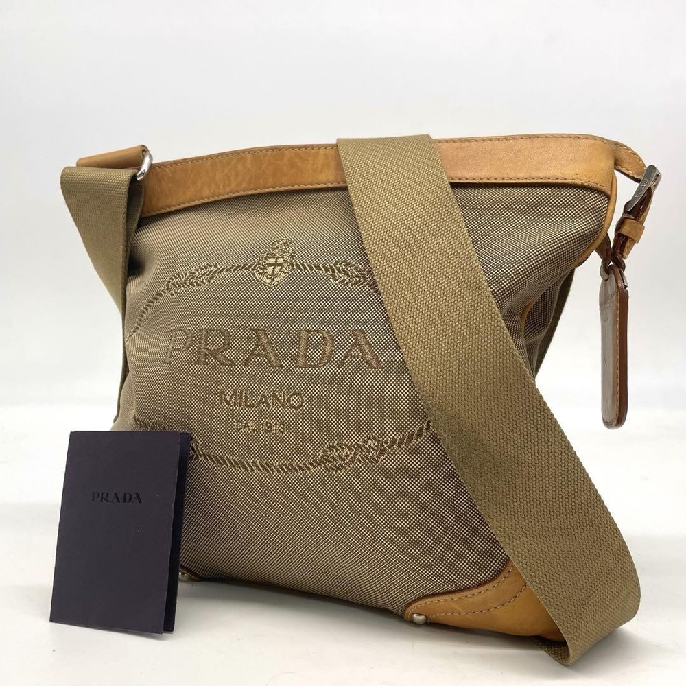 Prada Shoulder Bag Crossbody in Beige Jacquard Canvas with Leather Accents  