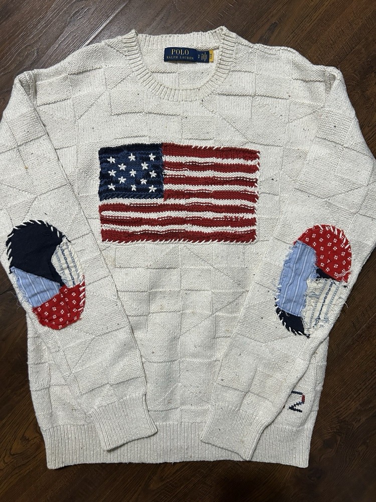 Polo Ralph Lauren Mens American Flag Patchwork Pullover Crew Neck Sweater Size S