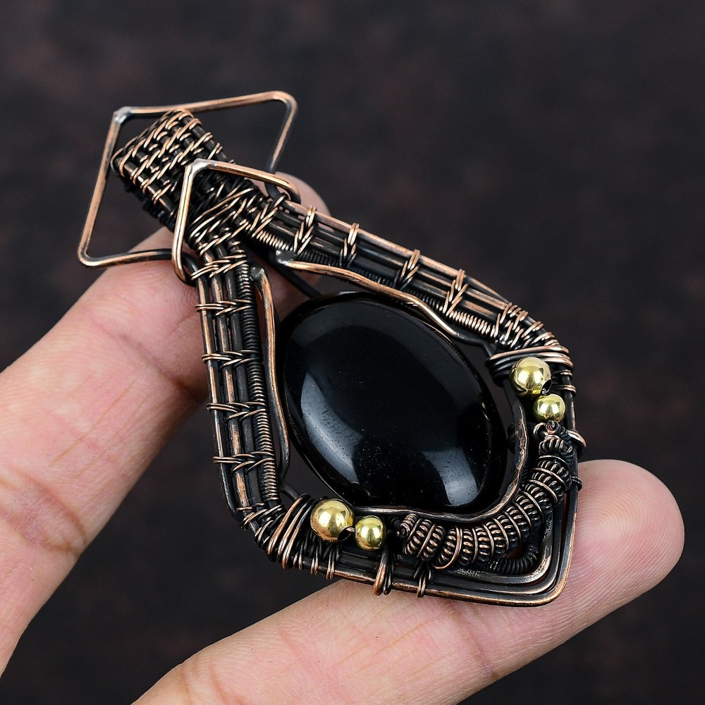 Christmas Sale Copper Black Onyx Gemstone Ethnic Wire Wrapped Pendant for Mothers-image