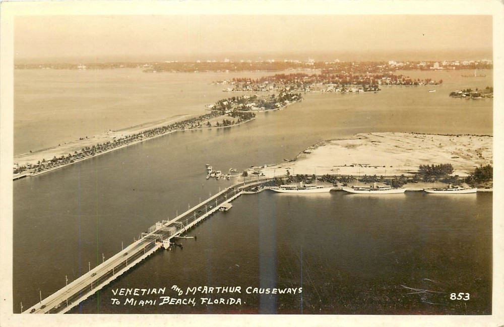 1940s Miami Beach Florida Venetian McArthur Causeway #853 RPPC Postcard 25-5893
