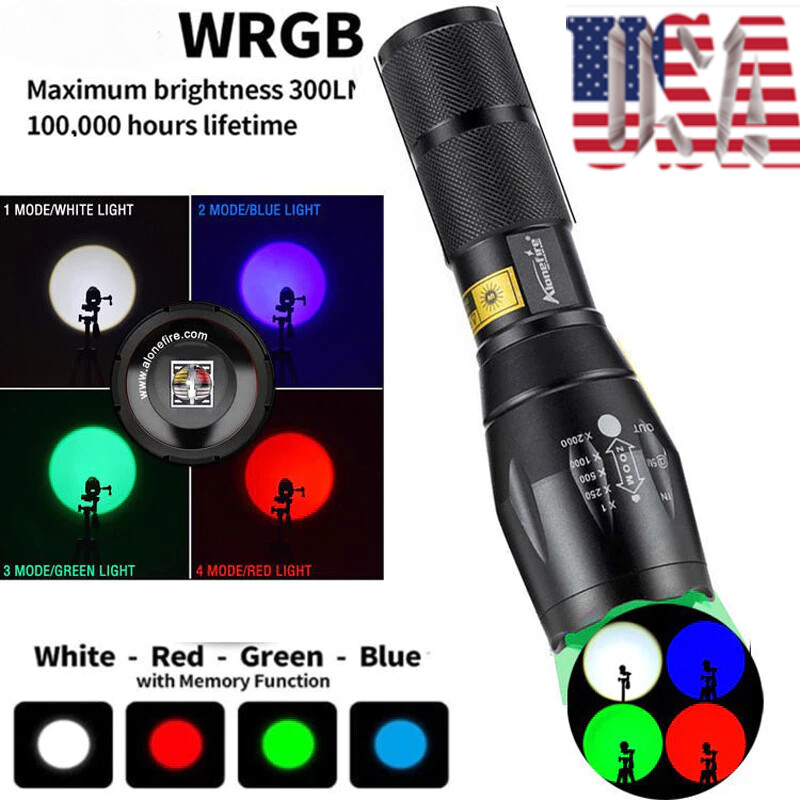 4 in 1 Multicolor Torch Red Green White UV Zoom Flashlight Hunting Light Battey