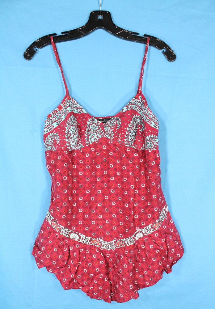 Y2K MODA INTERNATIONAL Maroon FLORAL Ruffle Hem SILK Zip BLOUSE/TANK TOP Sz XS