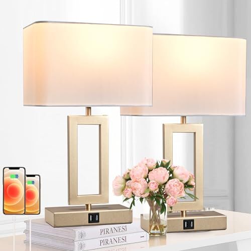 Set of 2 Table Lamps with Dual USB Ports,Touch Control for Medium White&Gold