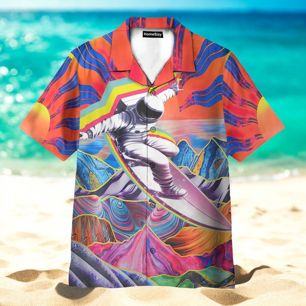 Astronaut Surfing in Psychedelic Mountain Hawaiian Shirt Design
