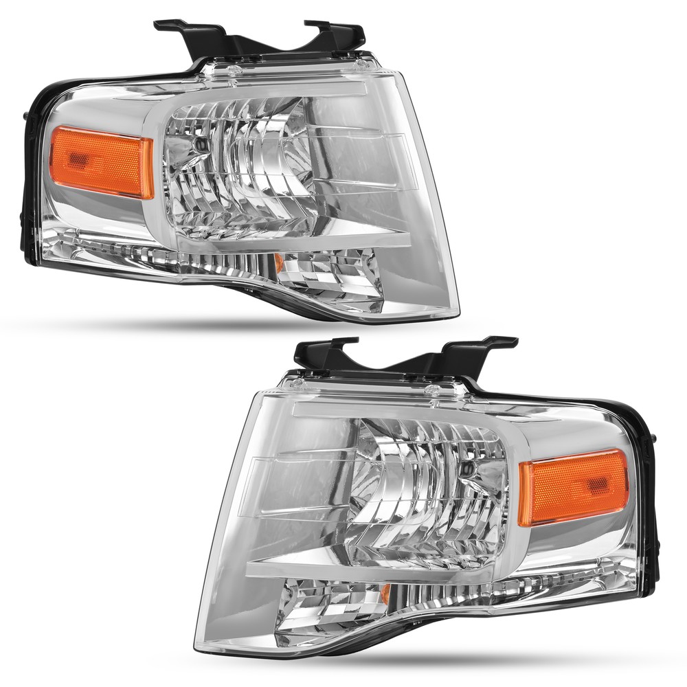 Pair Chrome Headlights For Ford Expedition 2007-14 Amber Corner Headlamps W/Bulb