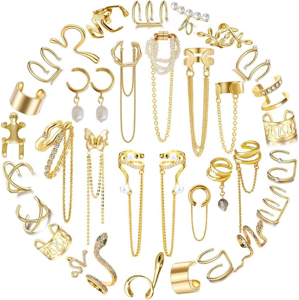 35-Piece Gold & Silver Non-Piercing Ear Cuffs for Women - Adjustable Cartilage Earrings