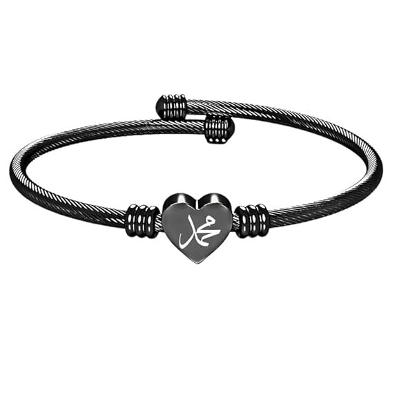 Stainless Steel Heart Bracelet Engraved Charm Bracelet for Women Black