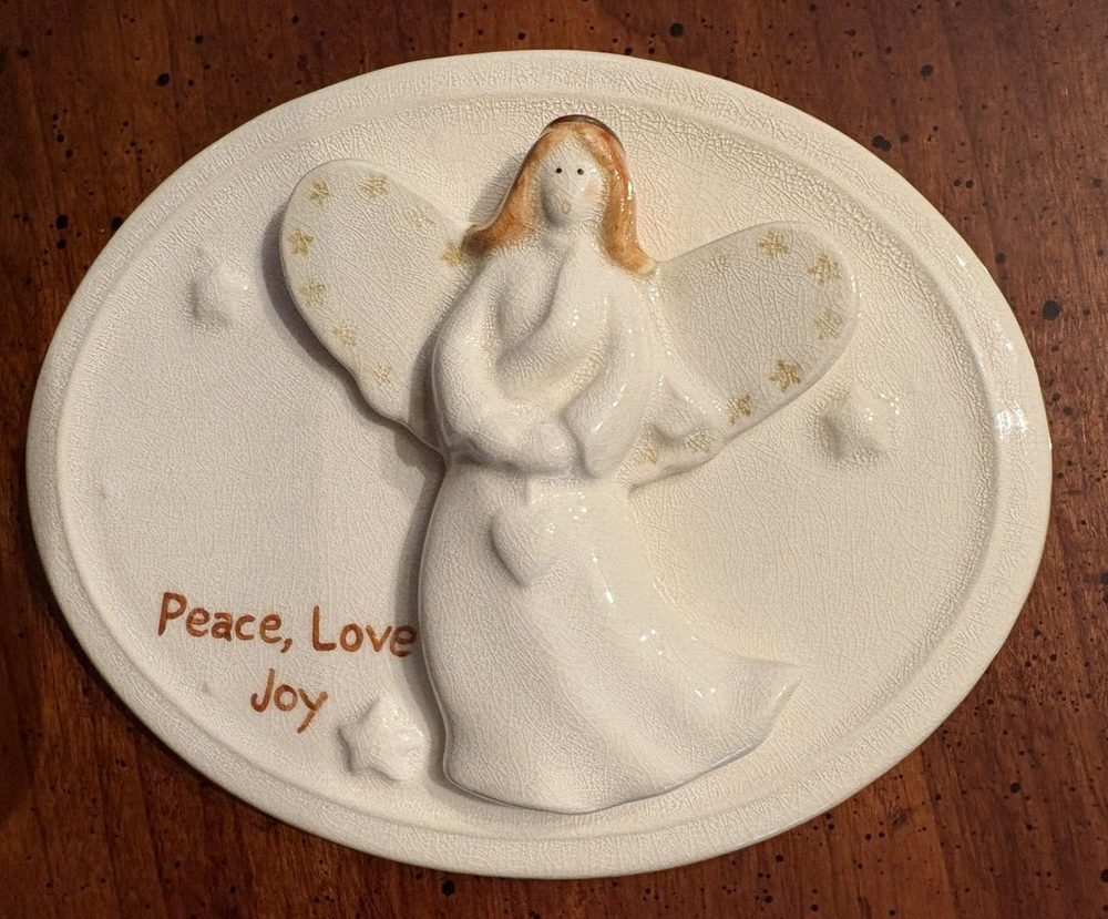 Peace, Love, Joy hand-painted, porcelain Angel Plaque by Russ Berrie