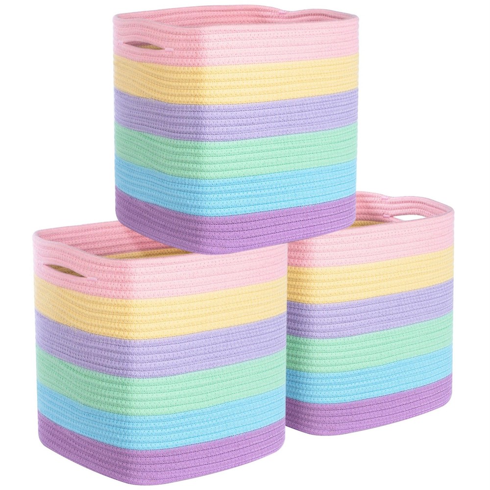3-Pack 11x11in Woven Cube Storage Bin and Shelf Baskets, Cute Decorative Squa...