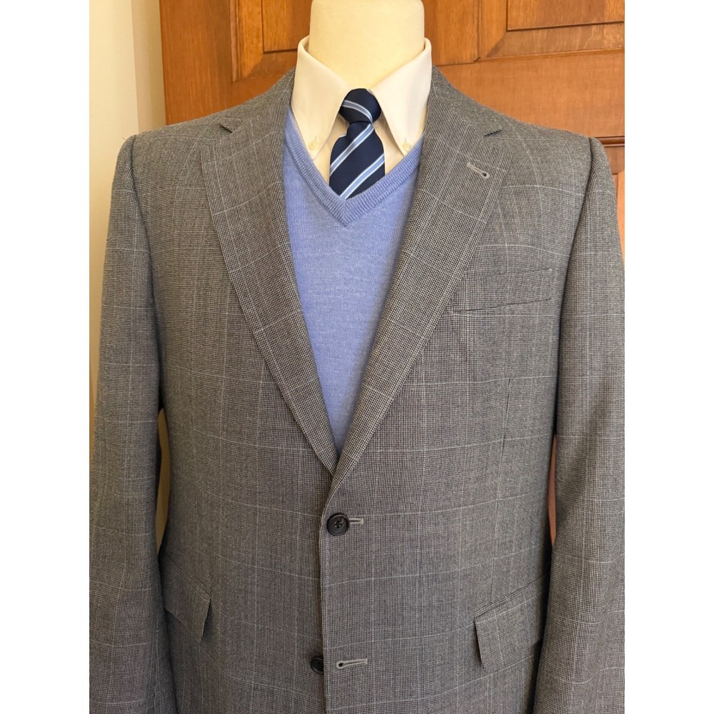 Jos. A. Bank Silk Wool Sport Coat Men 42L Gray 2-Button Windowpane Blazer Jacket