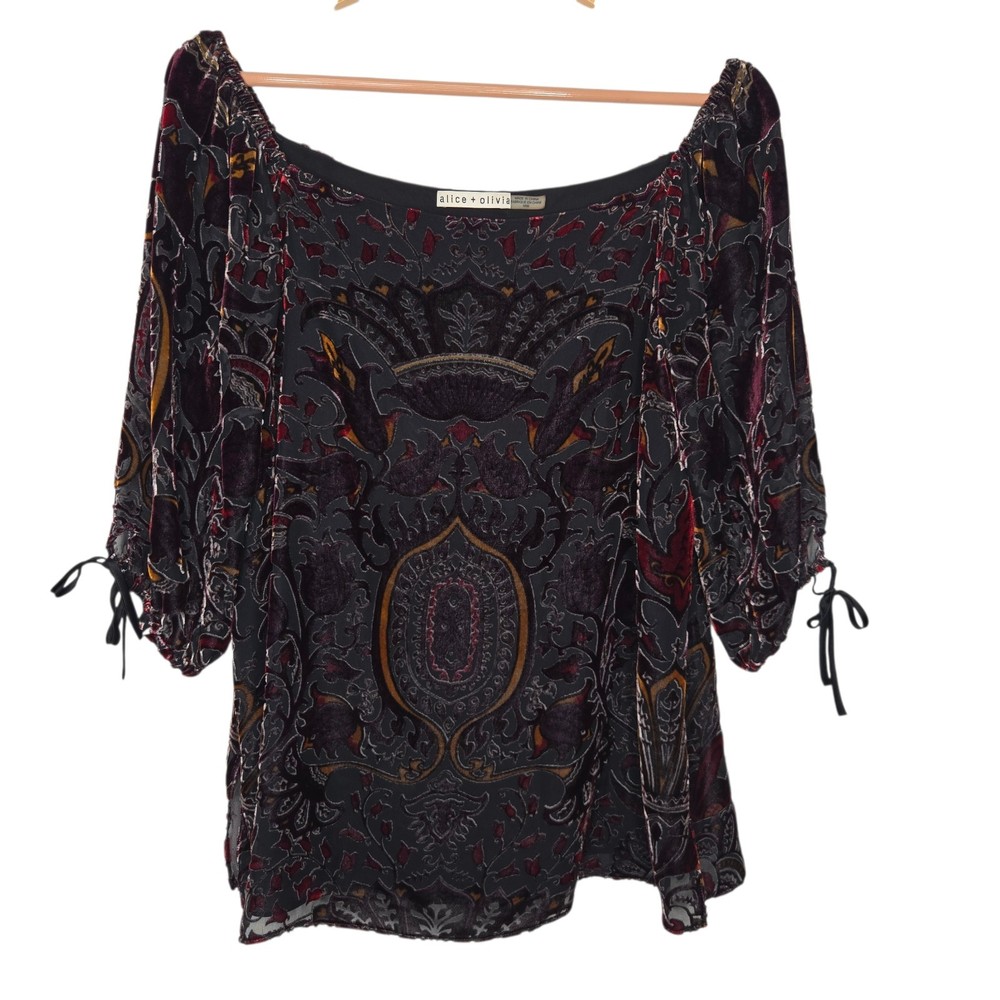 Alice + Olivia Womens Alecia Silk Velour Brocade Damask Jacquard Blouse Medium