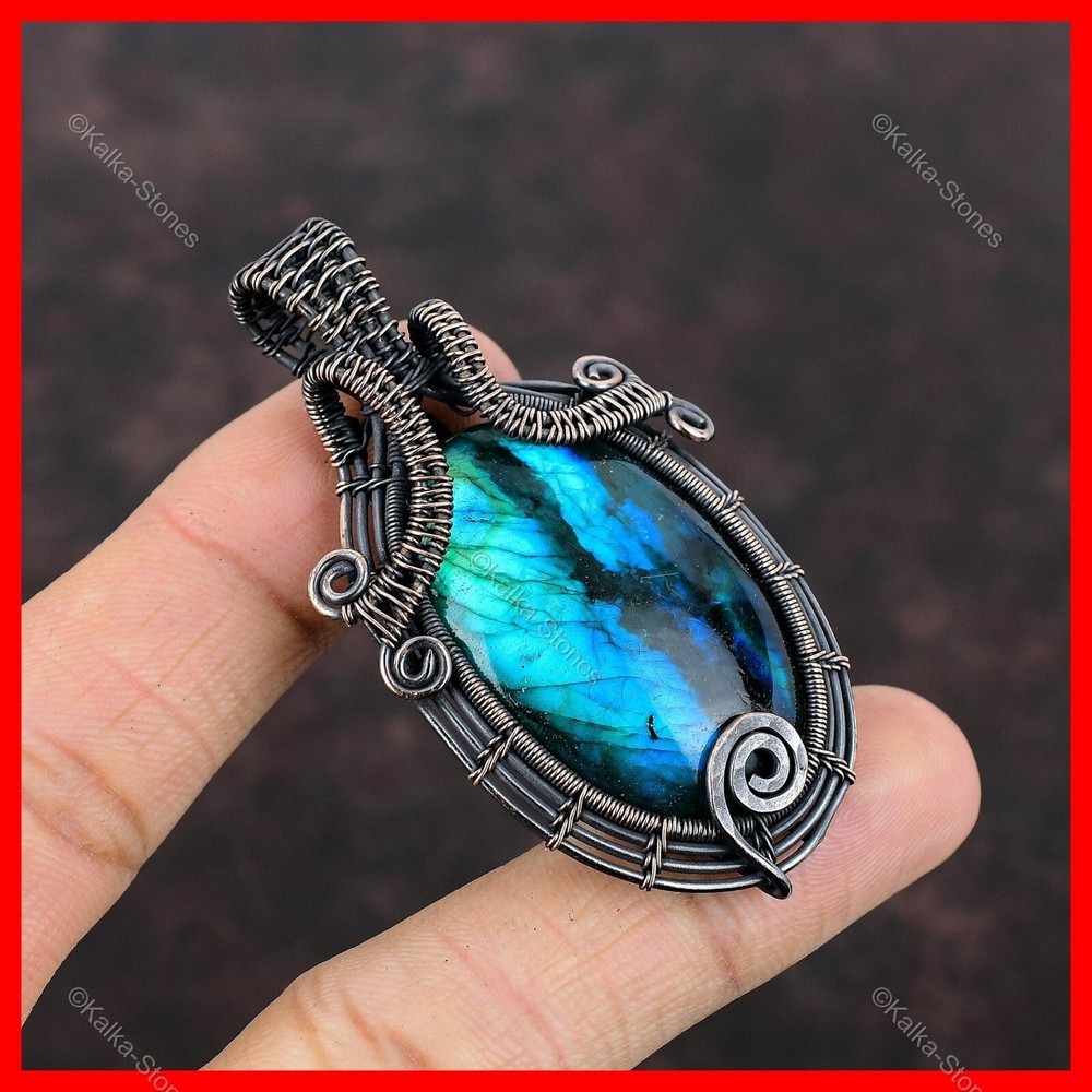 Womens day Sale Copper Neon Flash Labradorite Stone Unique Wire Wrapped Pendant-image