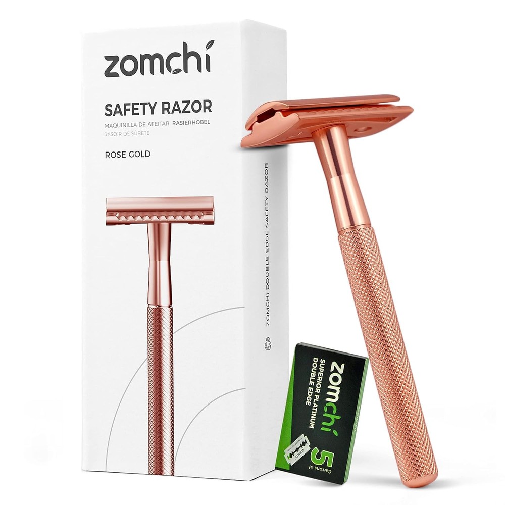 ZOMCHI Double Edge Safety Razor with 5 Blades Reusable Rose Gold