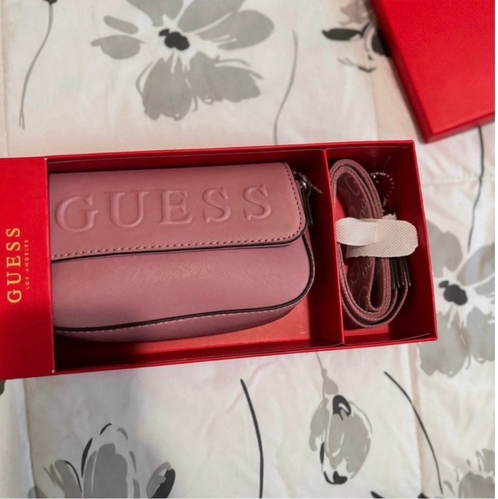 GUESS Sandria Mini Shoulder Bag Dusty Rose Embossed Logo Other Strap Designer