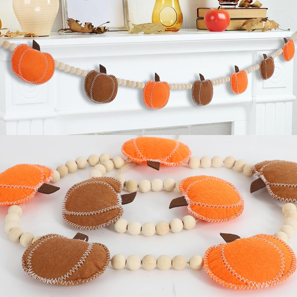 Thanksgiving Decorations for Home, Felt Pumpkin Bead Garland for and Wood Bead f