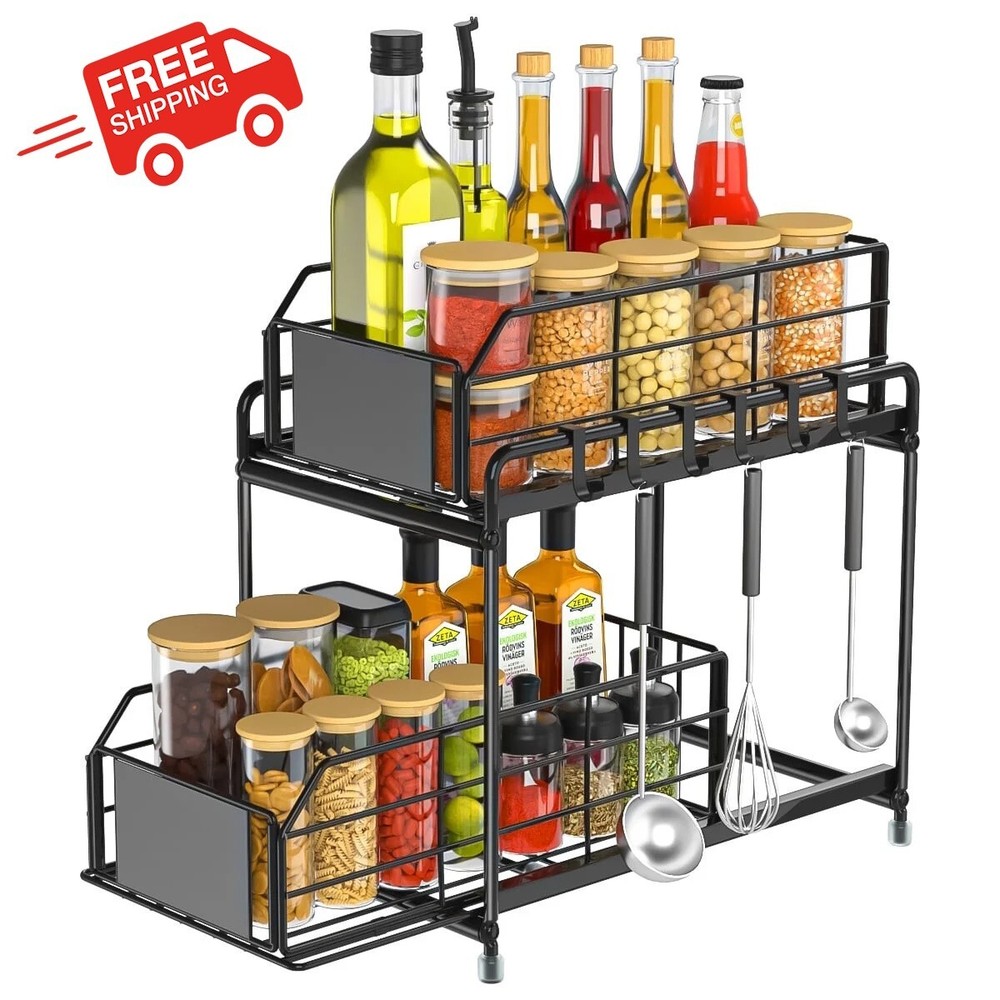 Under Sink Organizer and Storage with 6 Pcs Hooks, 2 Tier Slide Out Cabinet Orga