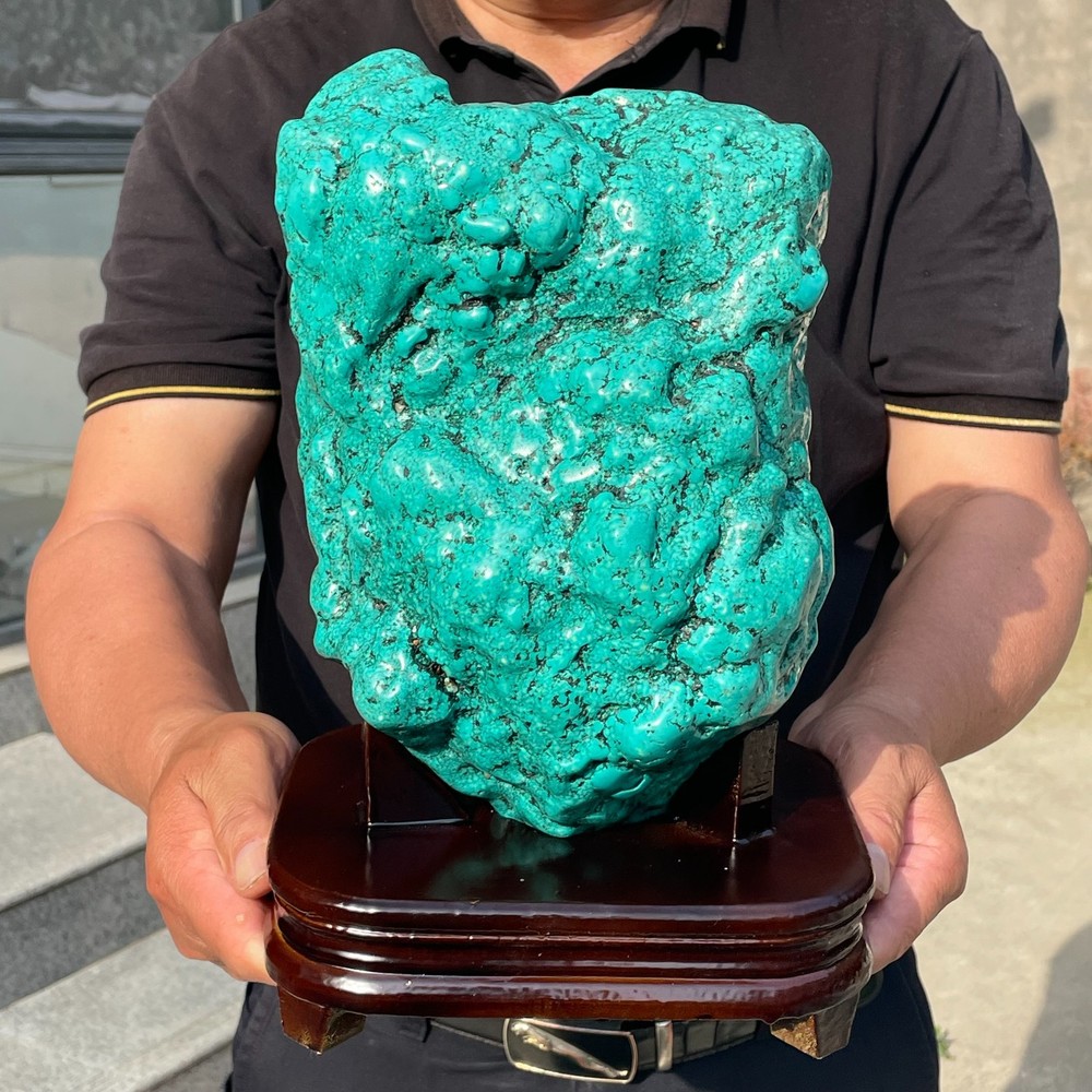 16.22LB Large Rough Blue Green Turquoise Quartz Mineral Specimen Wooden Base
