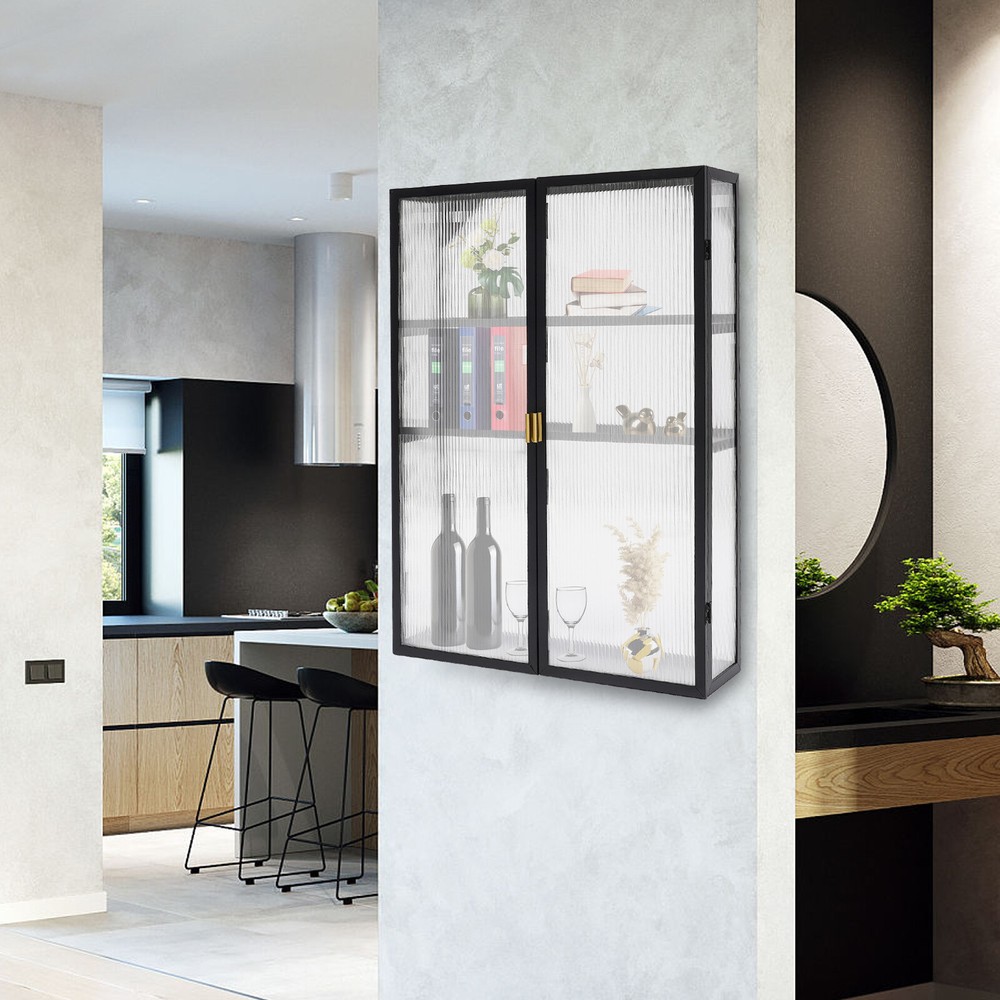 Retro Cabinet Black Wall-Mounted Metal Storage Cabinet with Detachable Shelves