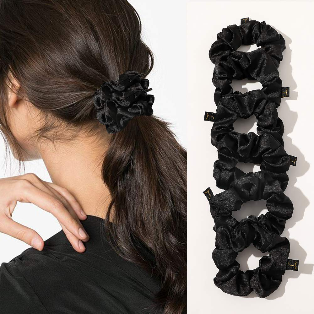 Scrunchies Black Satin Silk Hair Ties - Women Hair Bands Scrunchy for Thick Curl