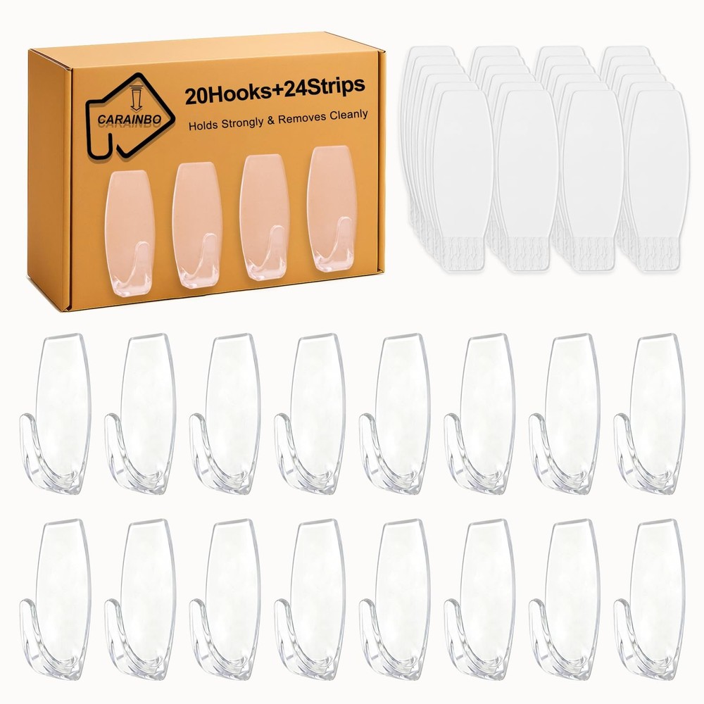 Large Utility Hooks,20-Hooks,24-Strips,Clear Wall Hook with Removable Strips ...