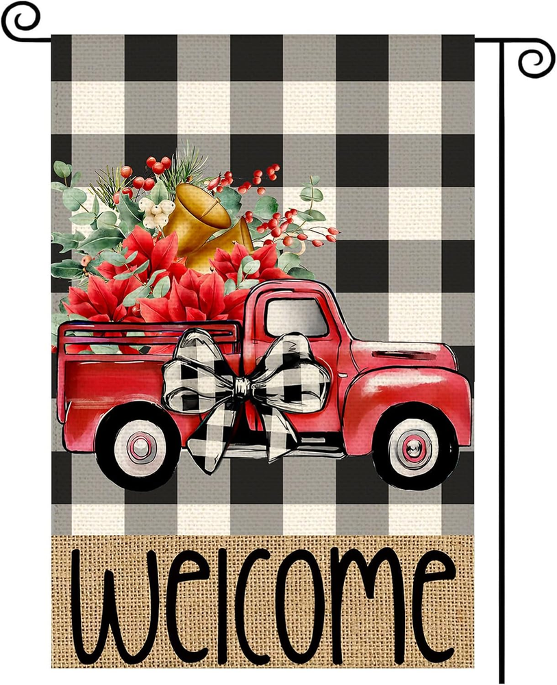 Christmas Truck Garden Flag 12X18 Inch Double Sided outside Red Poinsettia Buffa