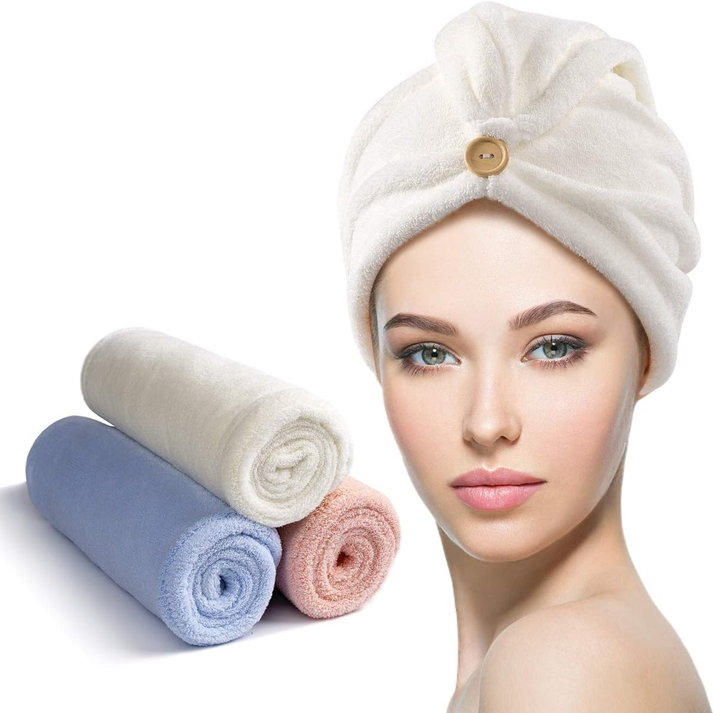 3 Pack Super Absorbent Microfiber Hair Towel Wrap for Women with Button