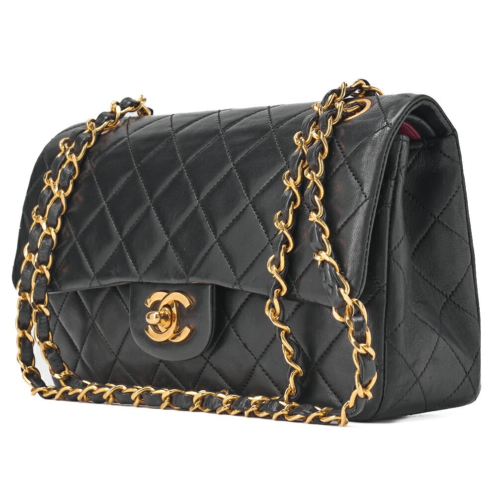 CHANEL Black Lambskin Matelasse Double Flap Shoulder Bag with Chain 23cm