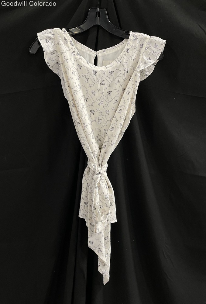 Women's White & Black Floral Short Sleeve Belted Blouse Top Size M