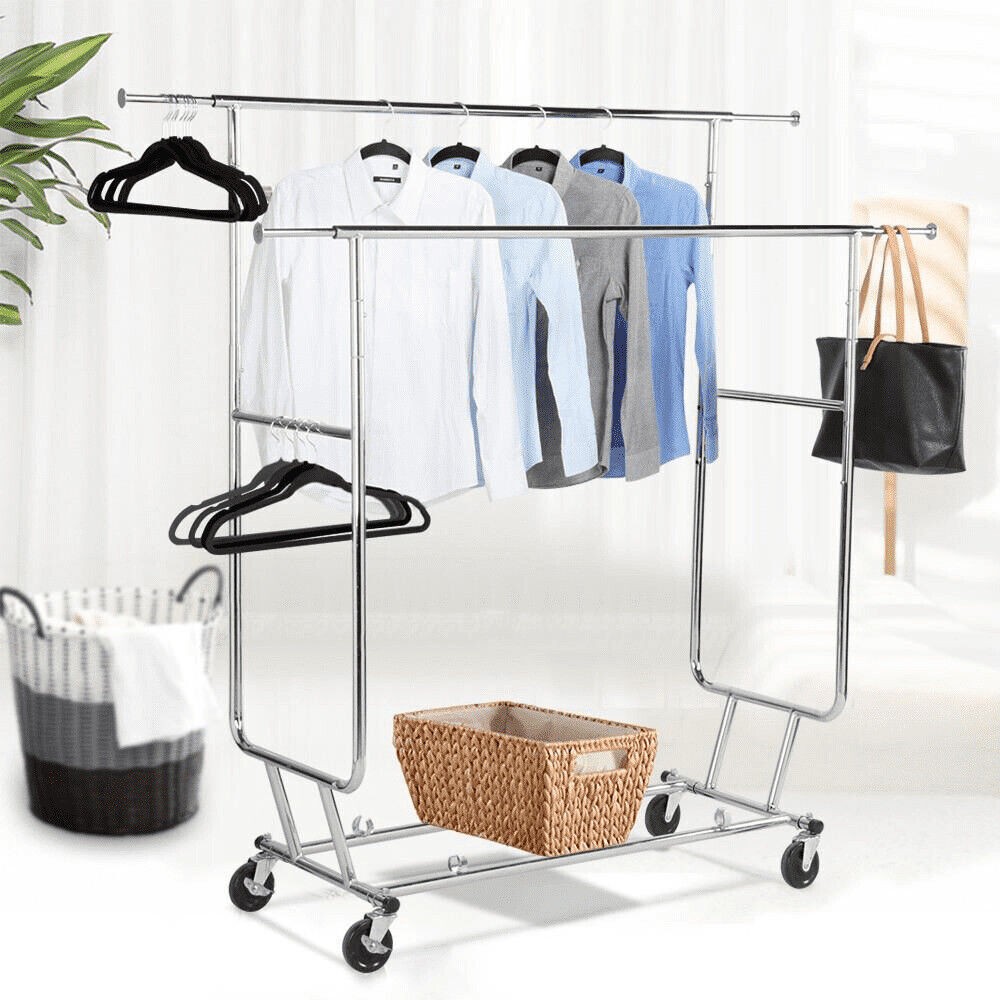 Heavy Duty Double Bar Commercial Garment Rack Rolling Collapsible Clothing Shelf-image