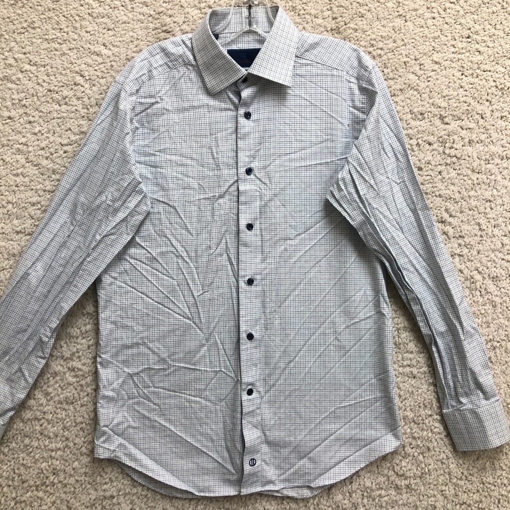 David Donahue Dress Shirt 16 Adult Blue Plaid Slim Fit Long Sleeve Mens 34/36
