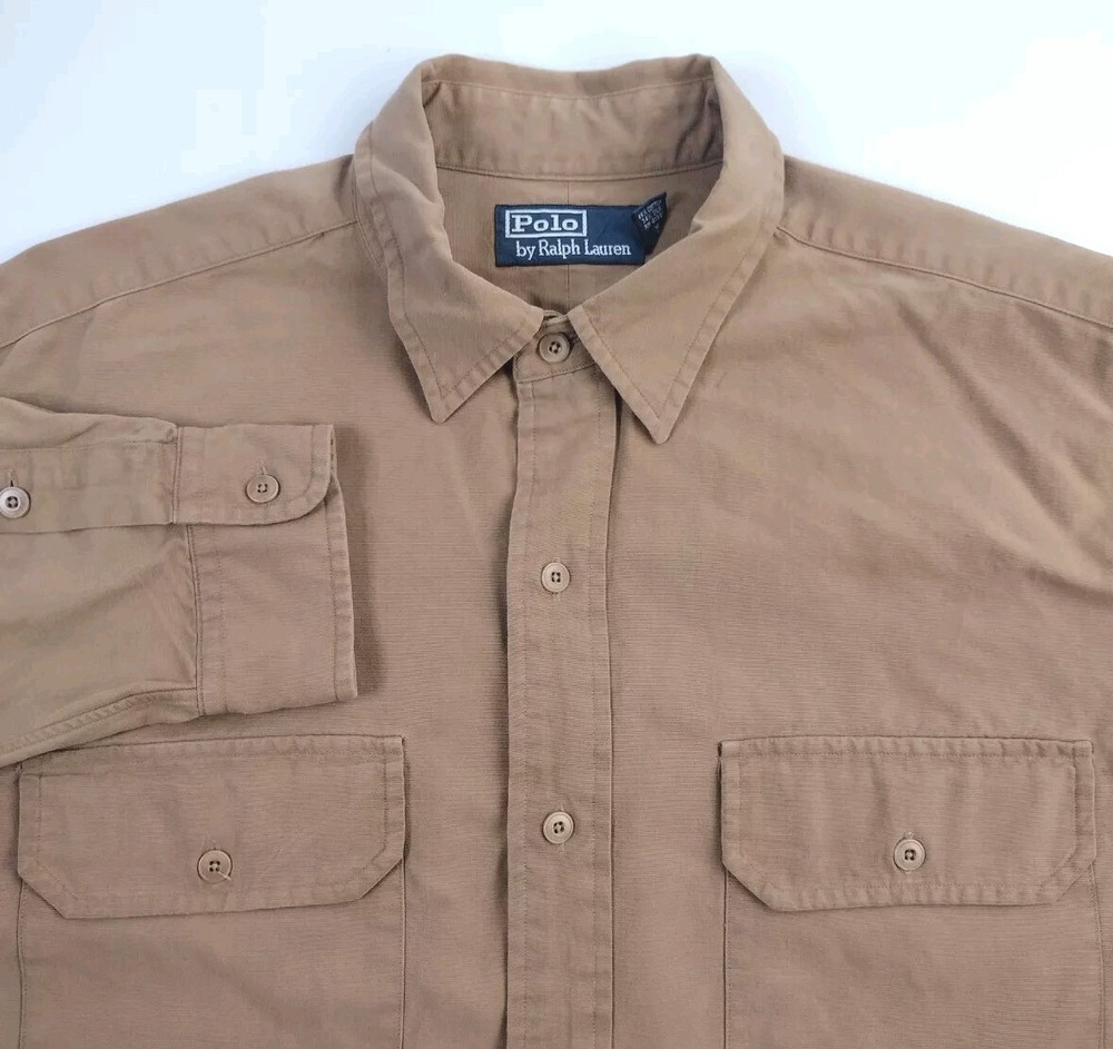 Polo Ralph Lauren Shirt Men's Med Button-Up Chest Pockets L/S Brown Silk Cotton