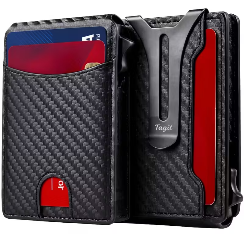 RFID-Blocking Men’s Bifold Pop-Up Wallet Carbon Fiber with Money Clip, Mens Gift