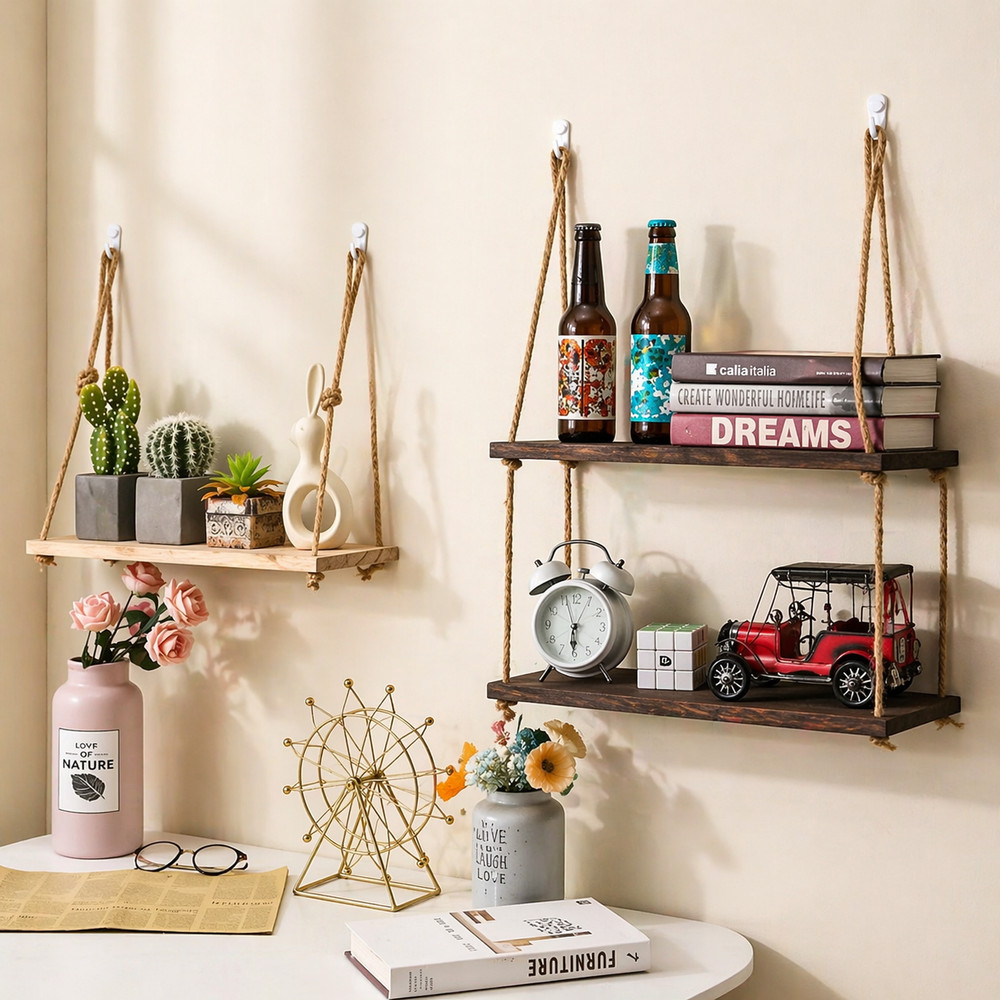 Floating Shelf for Wall, Hanging Rope