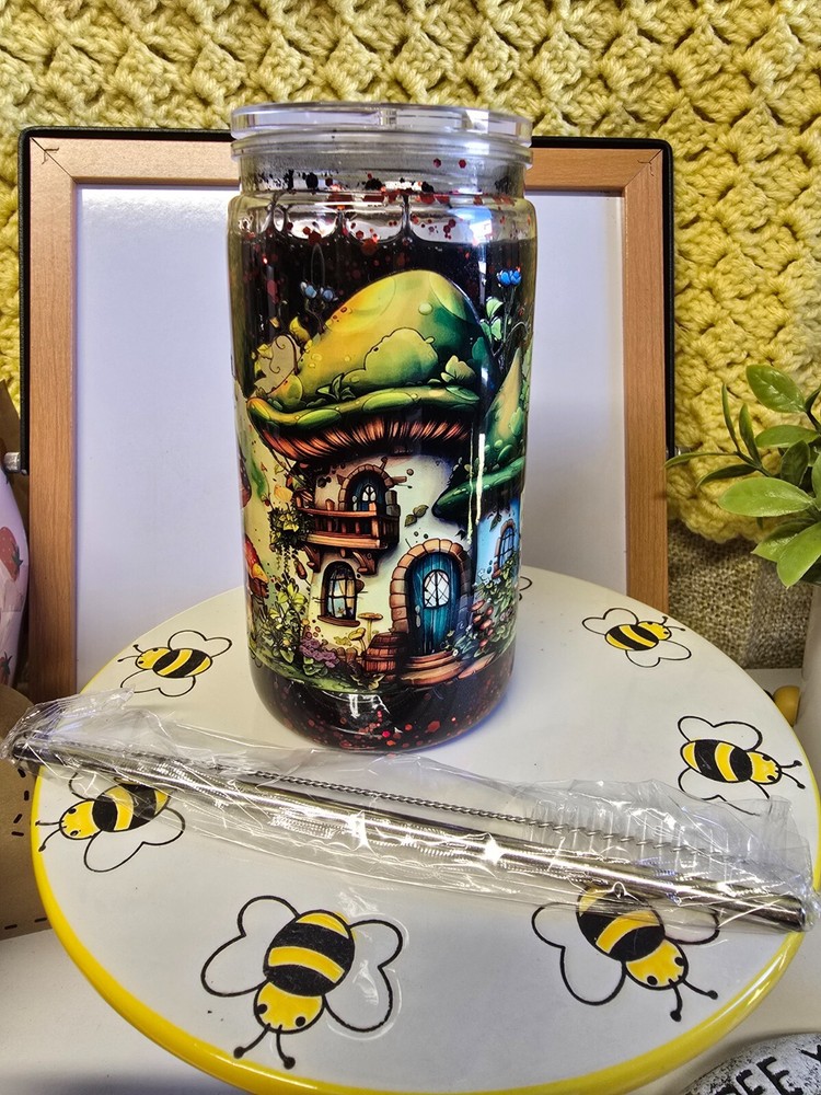 20oz Custom Mushroom House Snow Globe Tumbler with Lid