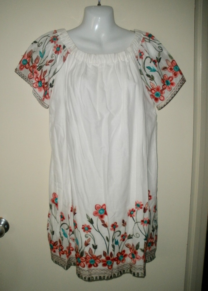 #643 Kori America Off The Shoulder Dress S White Embroidere Floral Boho Peasant