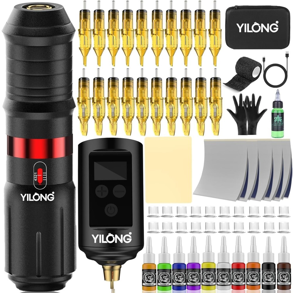 Wireless Tattoo Pen Machine Kit with Cartridge Needles Ink & Power Supply