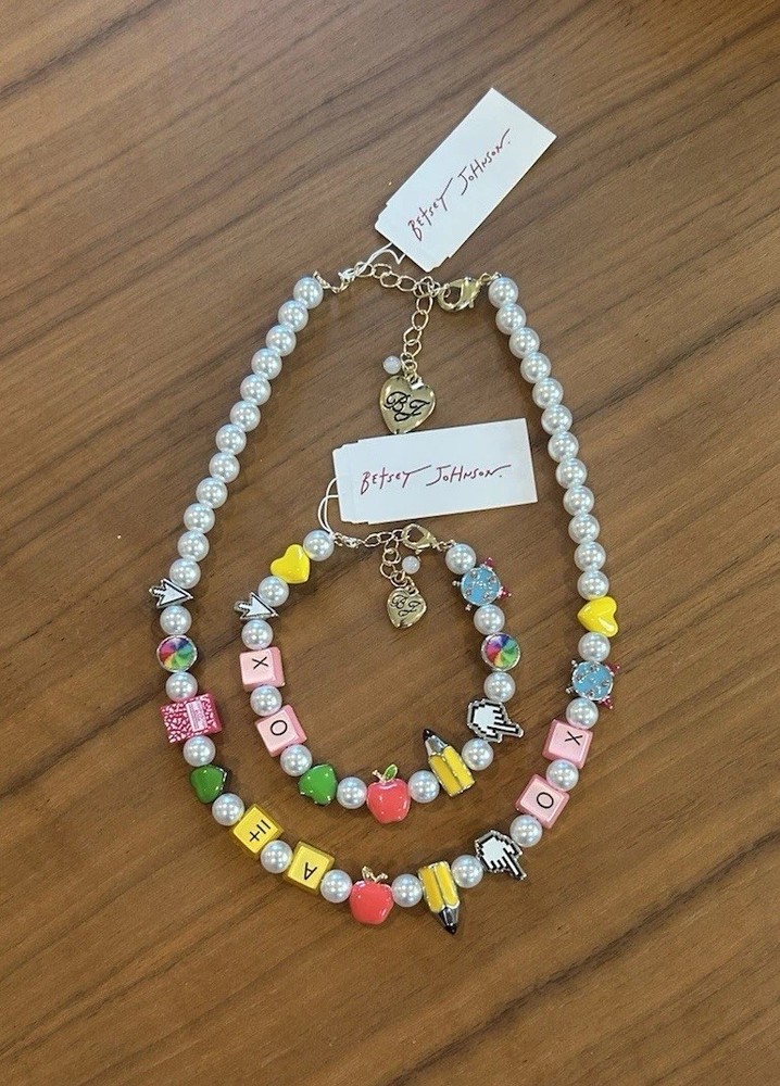 New Betsey Johnson School Motif Beaded Pearl Necklace & Earrings Set