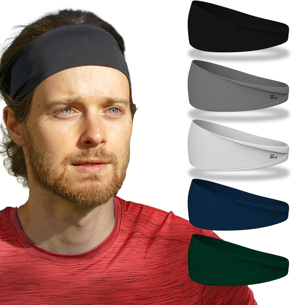 Relix Sports Headband for Men (Pack of 5) - Moisture Absorbing Workout Headba...