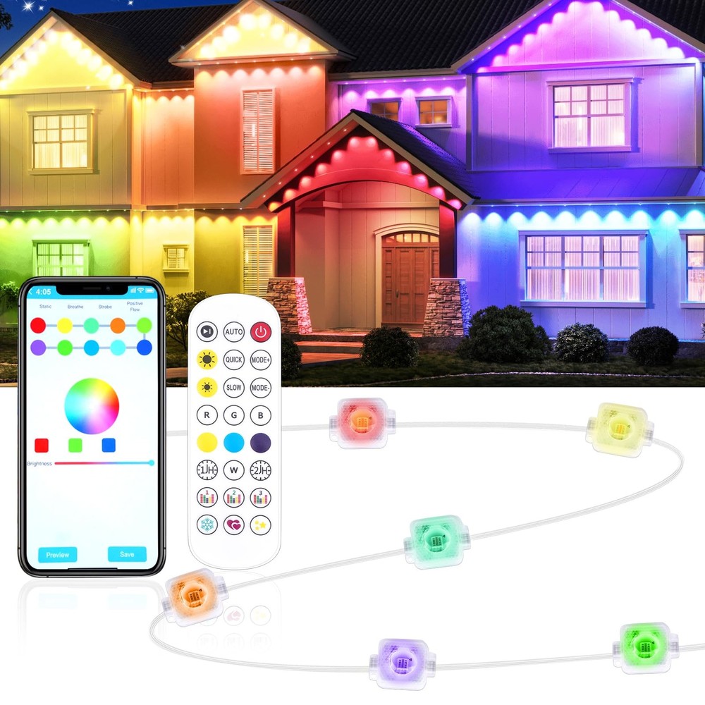 50FT Permanent Outdoor RGB LED Lights for House Eaves, 30 IP67 Waterproof Bulbs