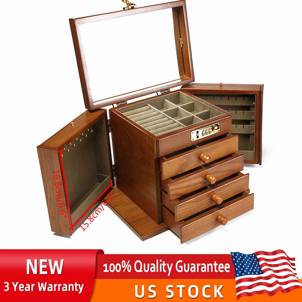 5-Layer Vintage Wooden Jewelry Organizer with 4 Drawers for Large Storage
