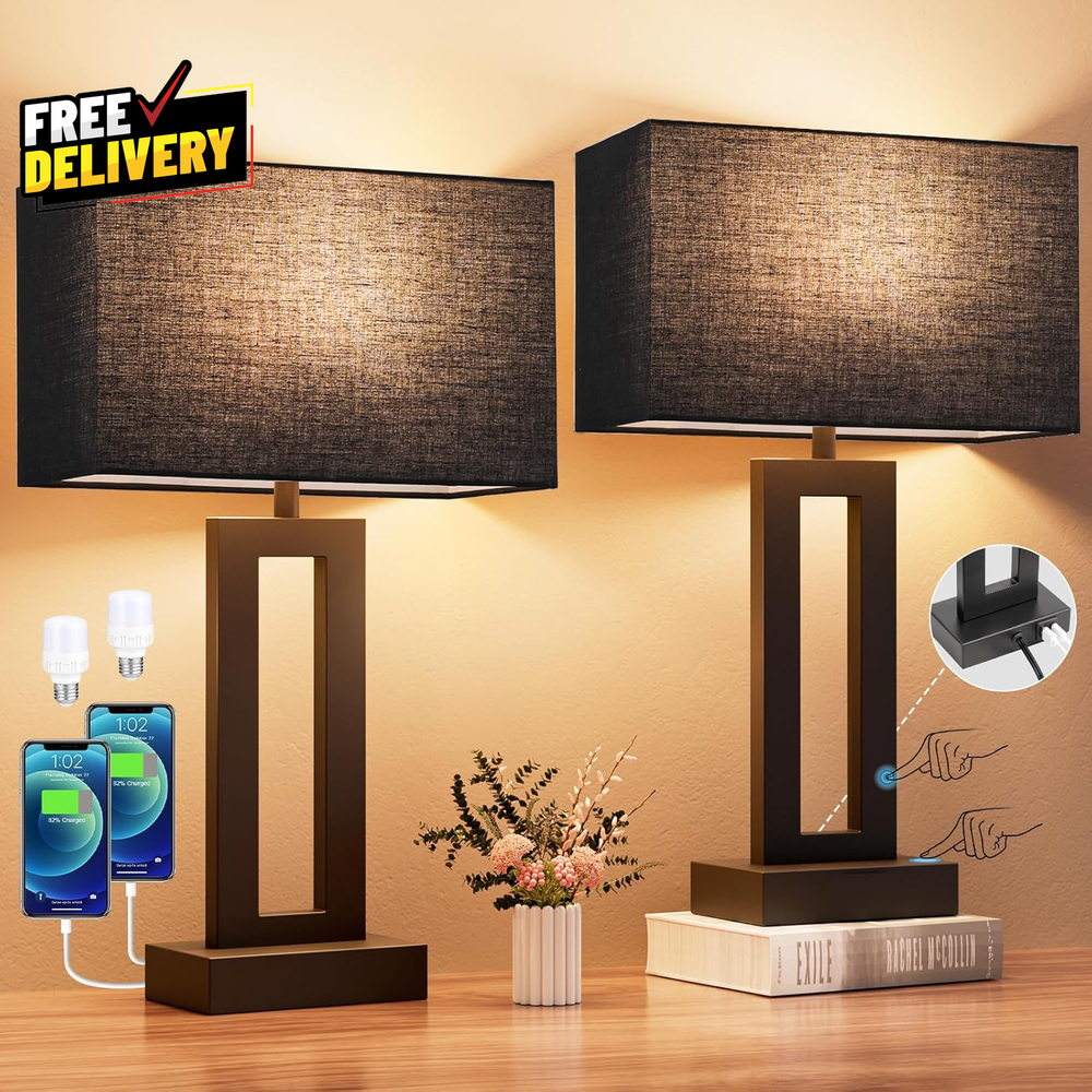 Nightstand Table Lamps for Bedrooms Set of 2  Touch Bedside Lamp with USB C+A, 3