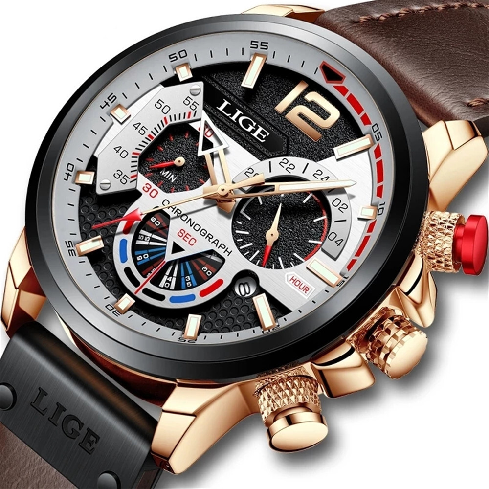 LIGE Mens Luxury Chronograph Leather Strap Quartz Watch
