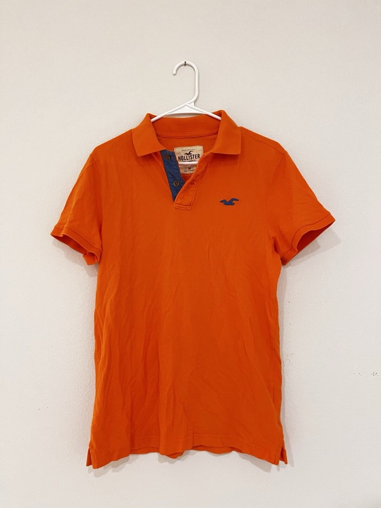 Hollister Icon T-Shirt Men M Orange V Neck Short Sleeve Collared Tee Logo Cotton