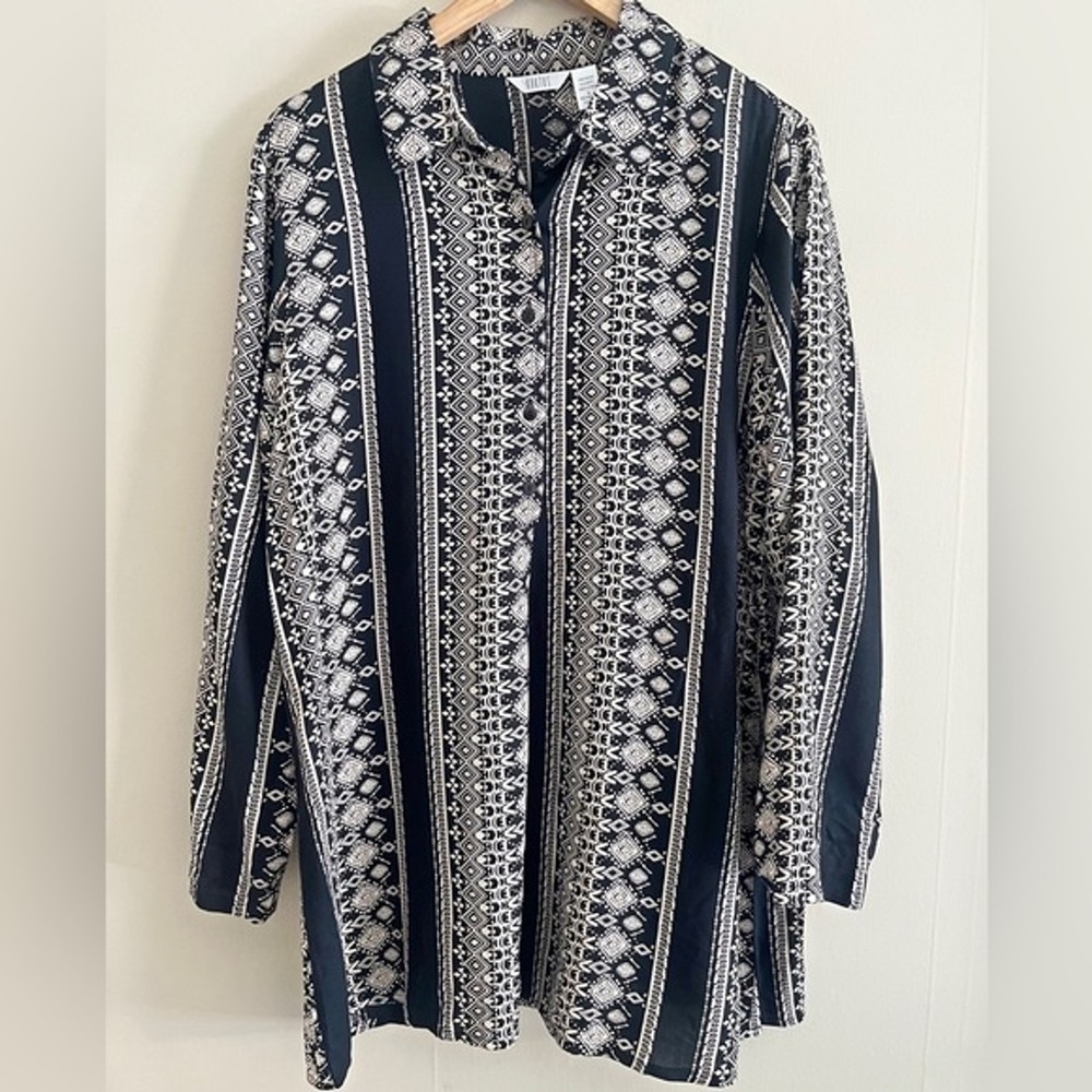 VINTAGE 90’s boho aztec black & cream half button front shirt tunic 70's vibe