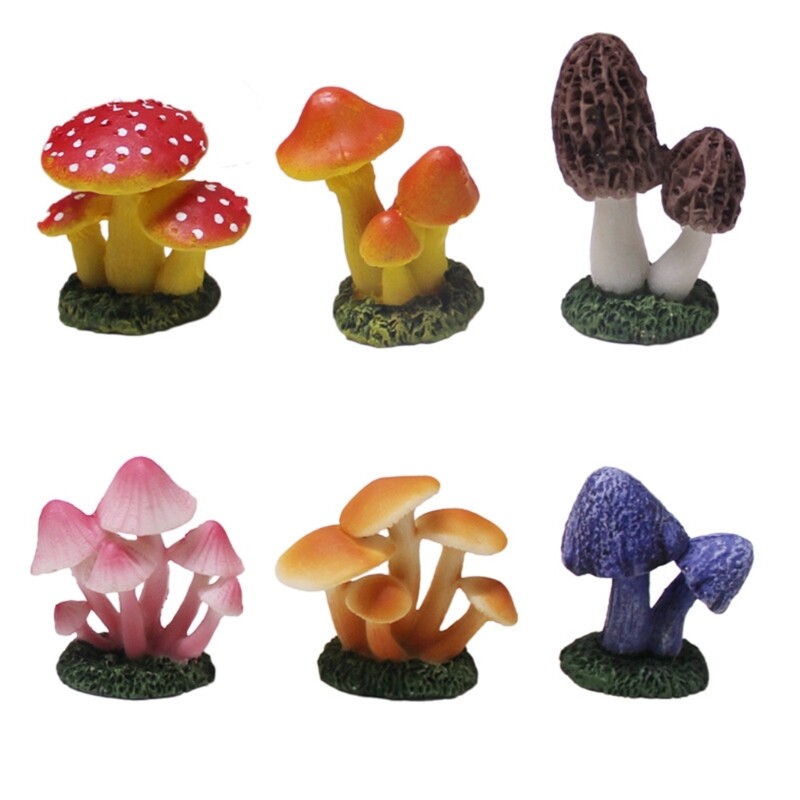 Pack of 6 Creative Mushroom Figurines Variety Resin Ornament Desk Decor