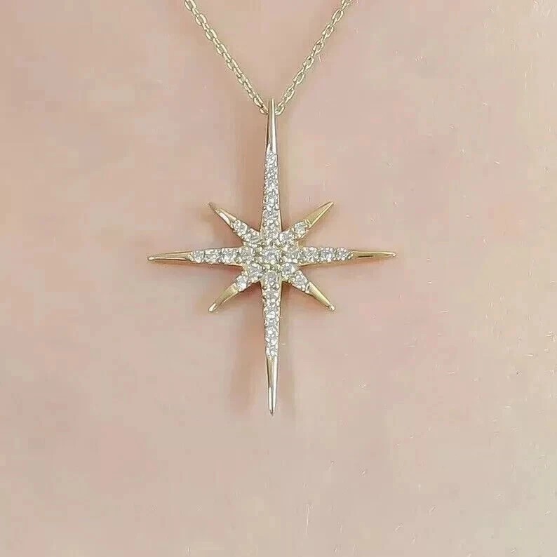 1Ct Round Cut Simulated Diamond Pretty North Star Pendant 14K Yellow Gold Plated