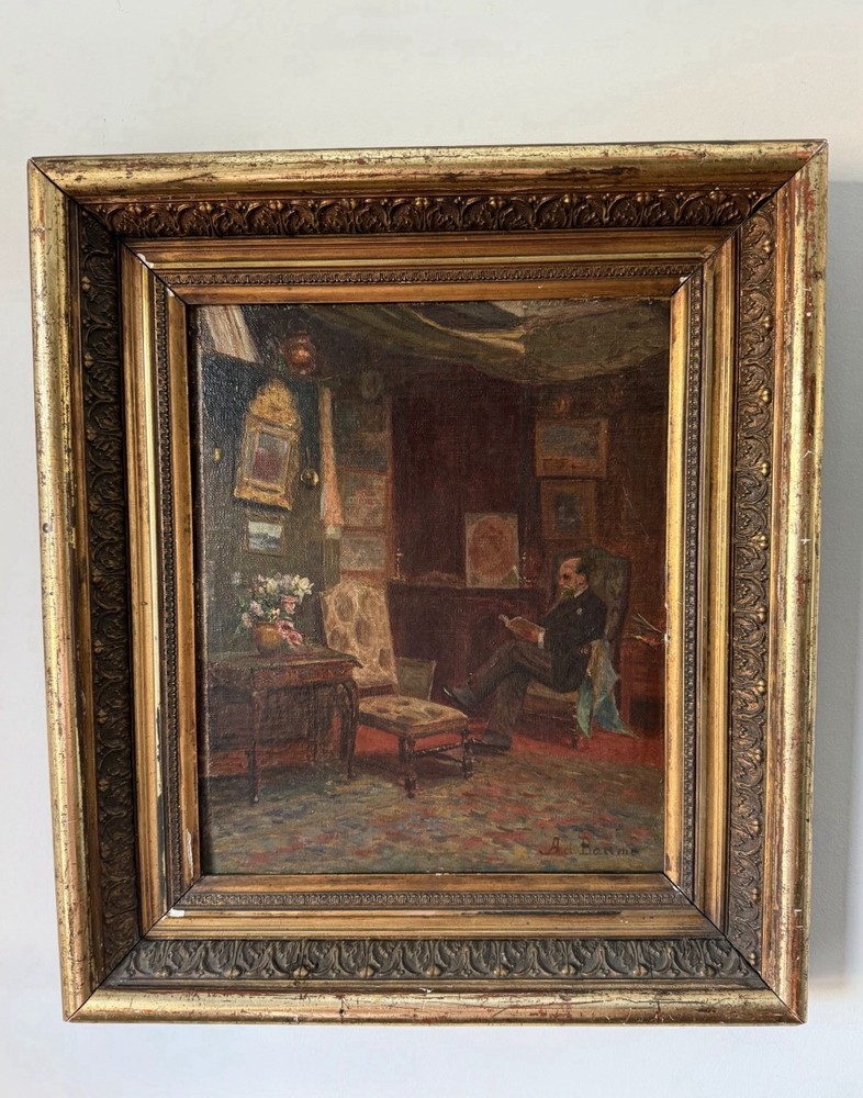 Antique Oil Painting-Interior Scene Marie Berthe de La Baume-Early 20th C.